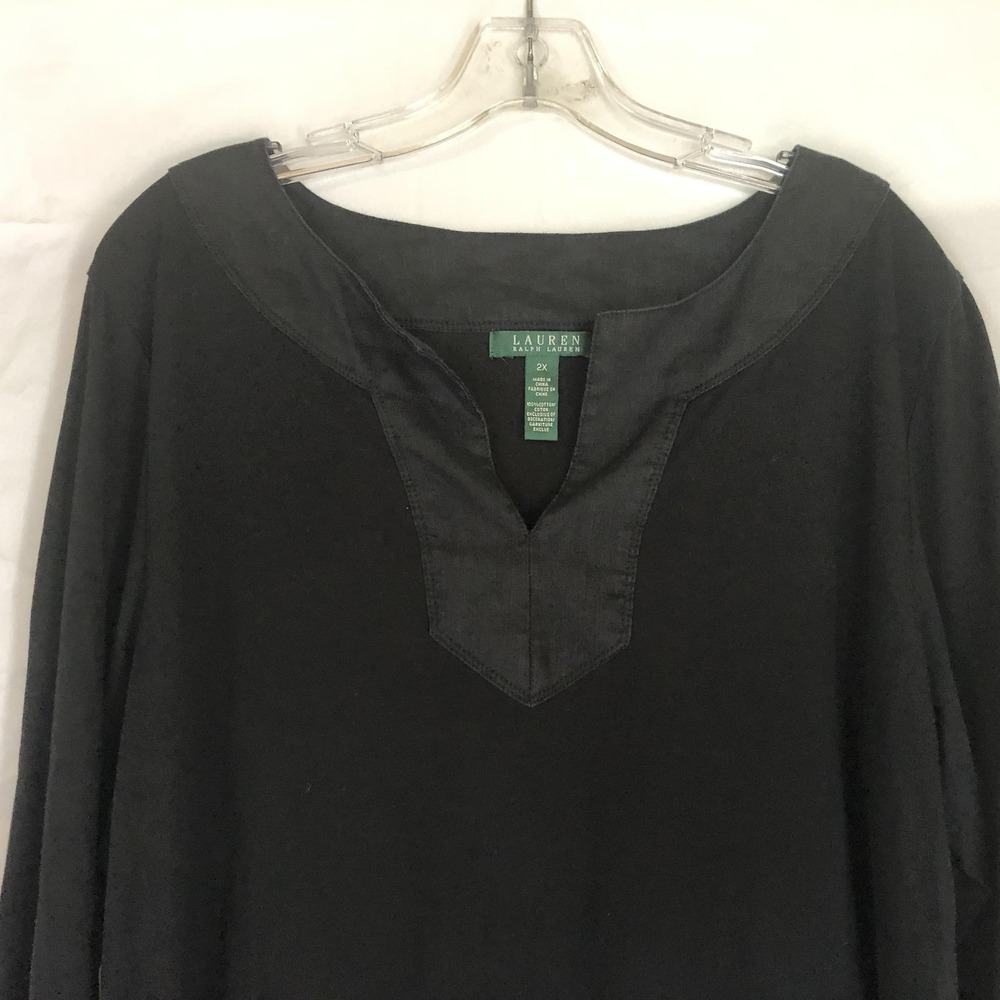 Lauren Ralph Lauren Shirt Womens 2X Black Cotton V Neck 3/4 Sleeve Tunic Top - Picture 2 of 9